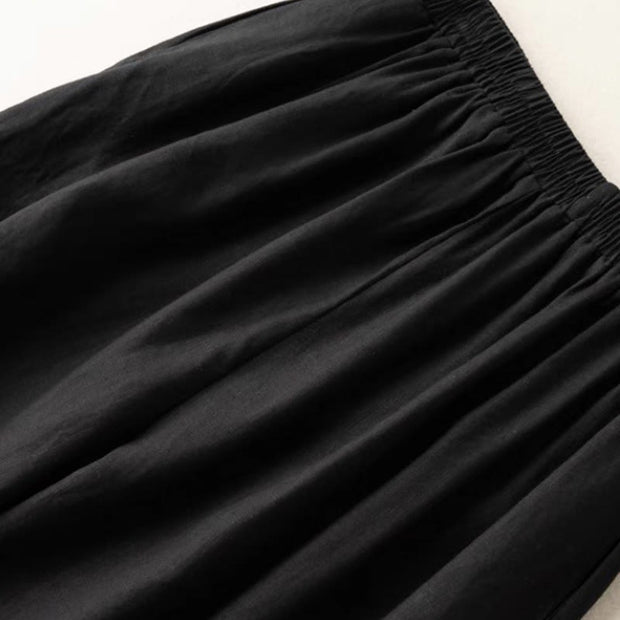 Buddha Stones Summer Casual Plain Cotton Linen 7-8 Length Women's Elastic Waist  Wide Leg Pants With Pockets