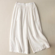 Buddha Stones Summer Casual Plain Cotton Linen 7-8 Length Women's Elastic Waist  Wide Leg Pants With Pockets