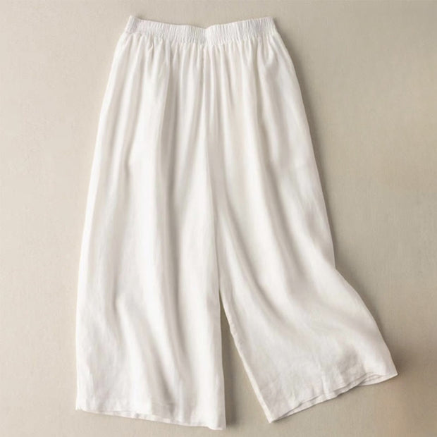 Buddha Stones Summer Casual Plain Cotton Linen 7-8 Length Women's Elastic Waist  Wide Leg Pants With Pockets