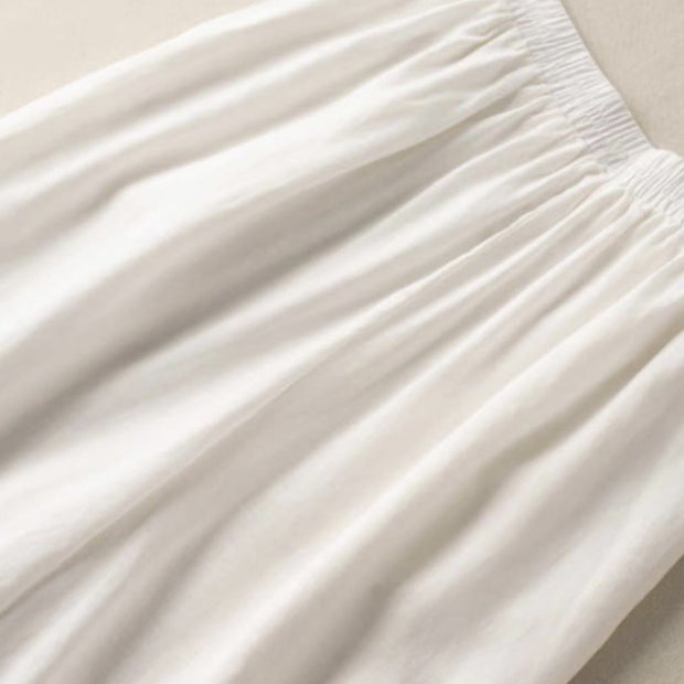 Buddha Stones Summer Casual Plain Cotton Linen 7-8 Length Women's Elastic Waist  Wide Leg Pants With Pockets