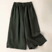 Buddha Stones Summer Casual Plain Cotton Linen 7-8 Length Women's Elastic Waist  Wide Leg Pants With Pockets
