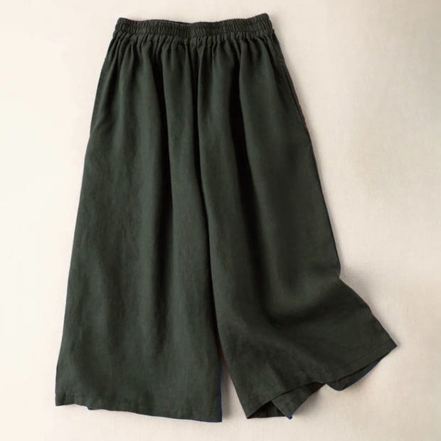 Buddha Stones Summer Casual Plain Cotton Linen 7-8 Length Women's Elastic Waist  Wide Leg Pants With Pockets