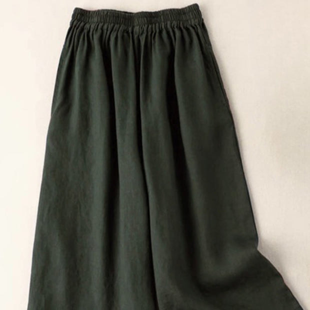 Buddha Stones Summer Casual Plain Cotton Linen 7-8 Length Women's Elastic Waist  Wide Leg Pants With Pockets