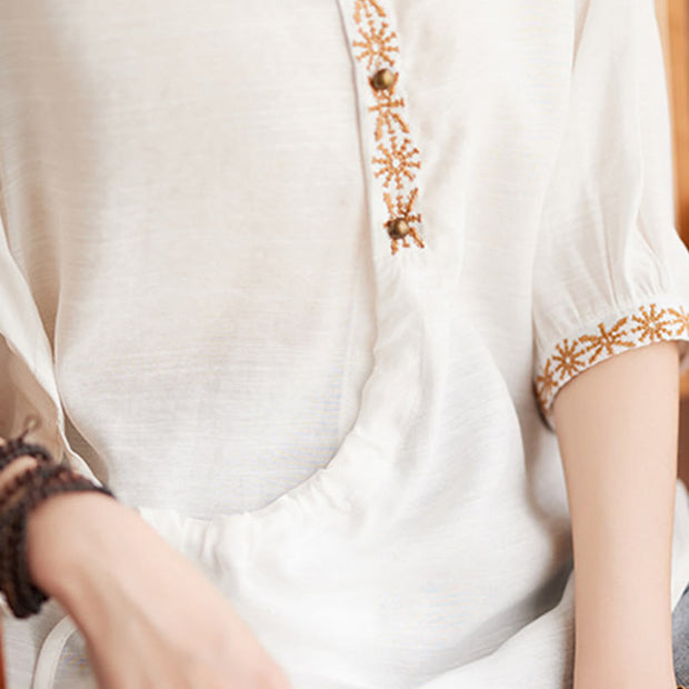 Buddha Stones Casual Women's Embroidered Pattern Stand Collar Design Half Sleeve Cotton Linen Shirt