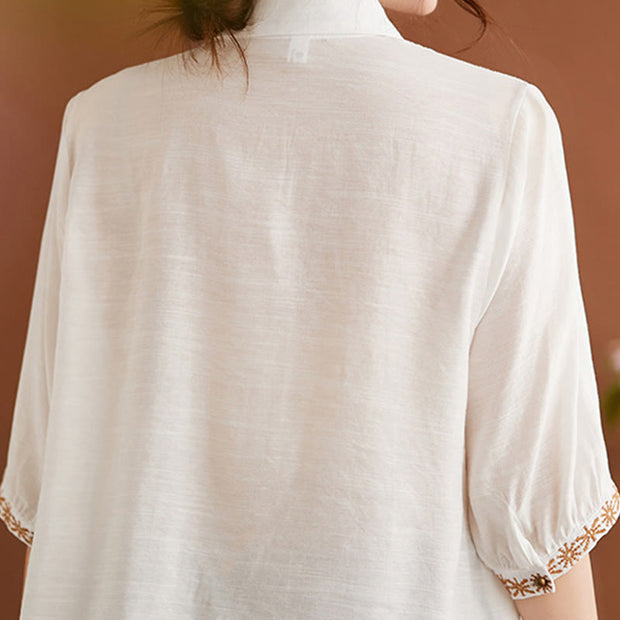Buddha Stones Casual Women's Embroidered Pattern Stand Collar Design Half Sleeve Cotton Linen Shirt