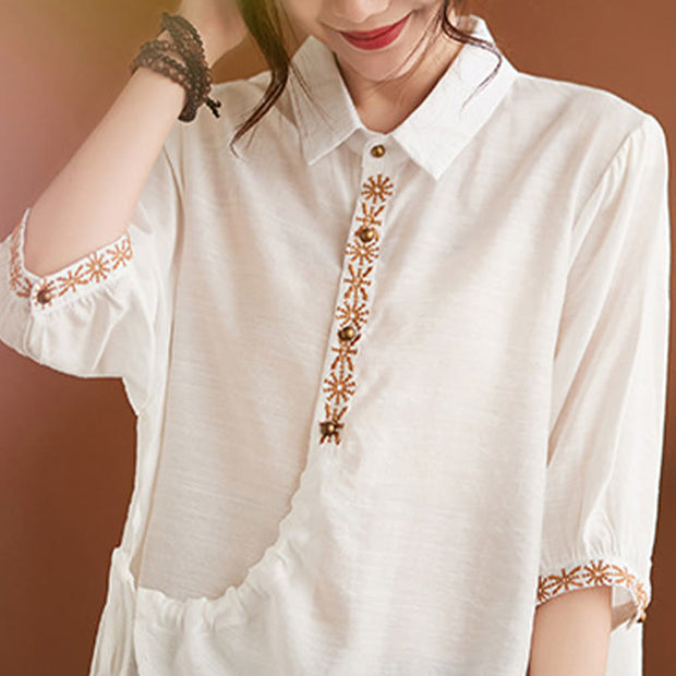 Buddha Stones Casual Women's Embroidered Pattern Stand Collar Design Half Sleeve Cotton Linen Shirt