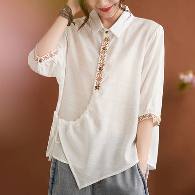 Buddha Stones Casual Women's Embroidered Pattern Stand Collar Design Half Sleeve Cotton Linen Shirt