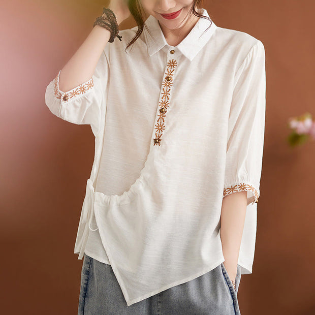 Buddha Stones Casual Women's Embroidered Pattern Stand Collar Design Half Sleeve Cotton Linen Shirt