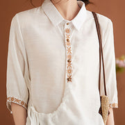 Buddha Stones Casual Women's Embroidered Pattern Stand Collar Design Half Sleeve Cotton Linen Shirt