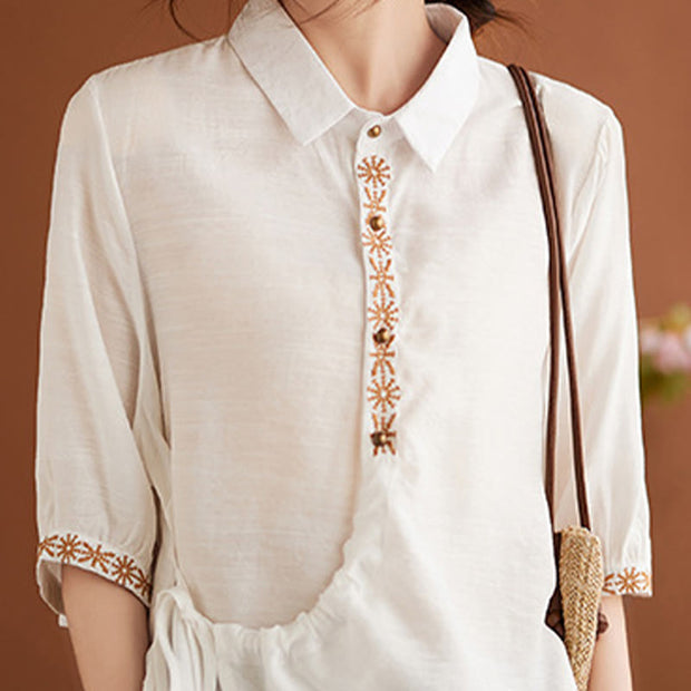 Buddha Stones Casual Women's Embroidered Pattern Stand Collar Design Half Sleeve Cotton Linen Shirt