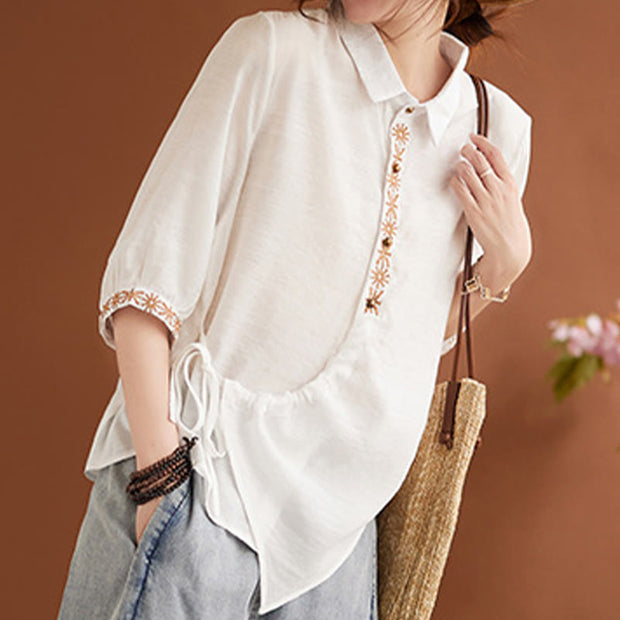 Buddha Stones Casual Women's Embroidered Pattern Stand Collar Design Half Sleeve Cotton Linen Shirt