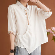 Buddha Stones Casual Women's Embroidered Pattern Stand Collar Design Half Sleeve Cotton Linen Shirt