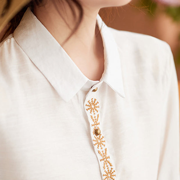 Buddha Stones Casual Women's Embroidered Pattern Stand Collar Design Half Sleeve Cotton Linen Shirt