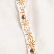 Buddha Stones Casual Women's Embroidered Pattern Stand Collar Design Half Sleeve Cotton Linen Shirt