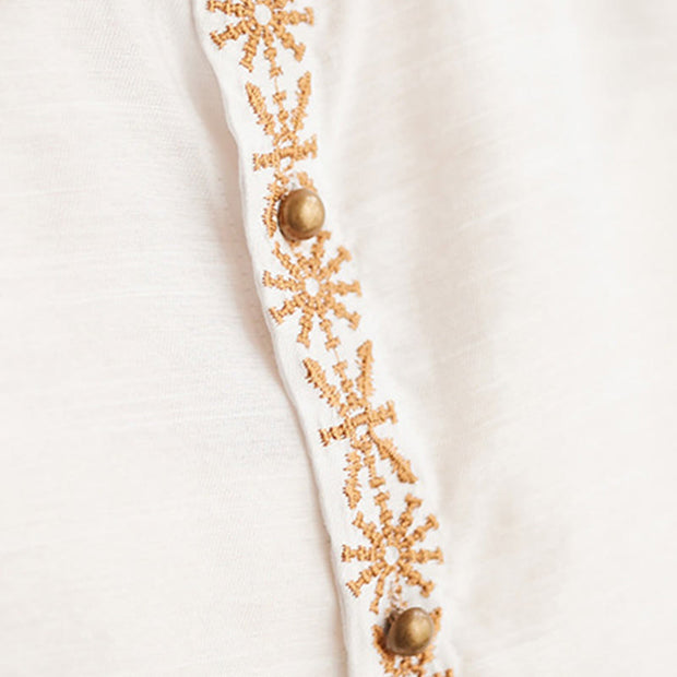 Buddha Stones Casual Women's Embroidered Pattern Stand Collar Design Half Sleeve Cotton Linen Shirt