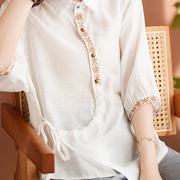 Buddha Stones Casual Women's Embroidered Pattern Stand Collar Design Half Sleeve Cotton Linen Shirt