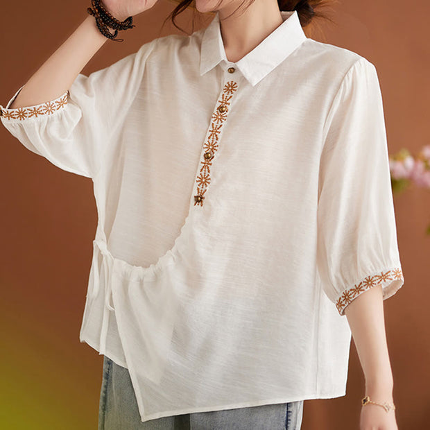 Buddha Stones Casual Women's Embroidered Pattern Stand Collar Design Half Sleeve Cotton Linen Shirt