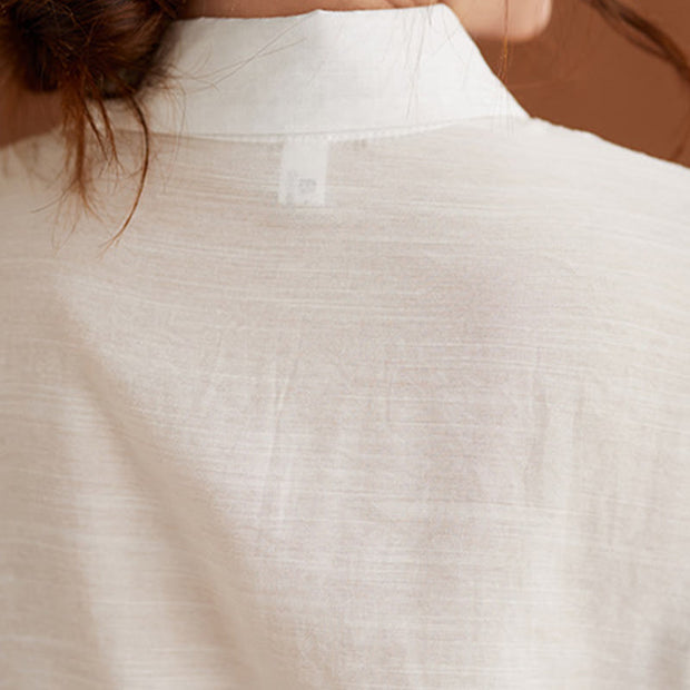 Buddha Stones Casual Women's Embroidered Pattern Stand Collar Design Half Sleeve Cotton Linen Shirt