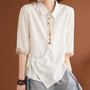 Buddha Stones Casual Women's Embroidered Pattern Stand Collar Design Half Sleeve Cotton Linen Shirt