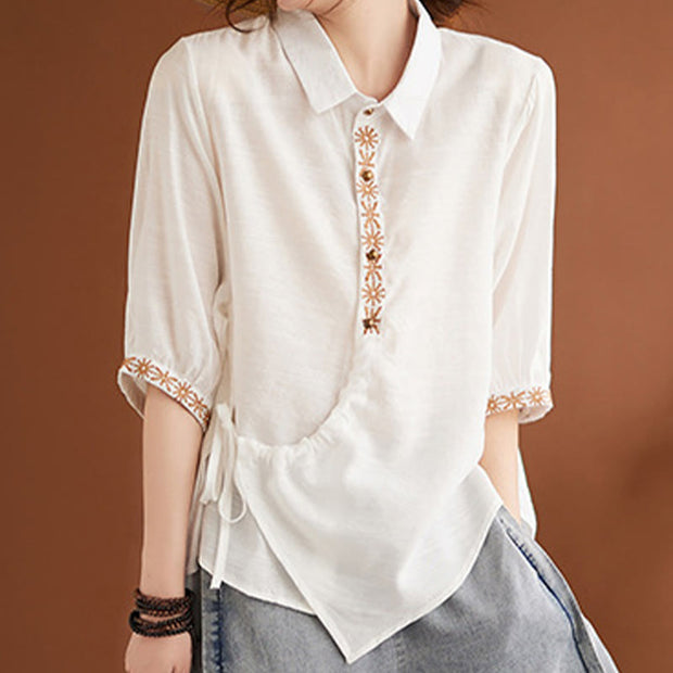Buddha Stones Casual Women's Embroidered Pattern Stand Collar Design Half Sleeve Cotton Linen Shirt
