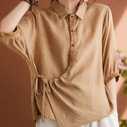 Buddha Stones Casual Women's Embroidered Pattern Stand Collar Design Half Sleeve Cotton Linen Shirt