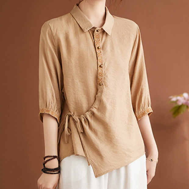 Buddha Stones Casual Women's Embroidered Pattern Stand Collar Design Half Sleeve Cotton Linen Shirt