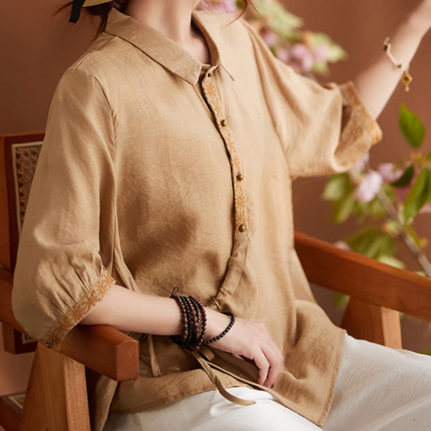 Buddha Stones Casual Women's Embroidered Pattern Stand Collar Design Half Sleeve Cotton Linen Shirt