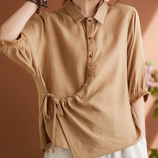 Buddha Stones Casual Women's Embroidered Pattern Stand Collar Design Half Sleeve Cotton Linen Shirt