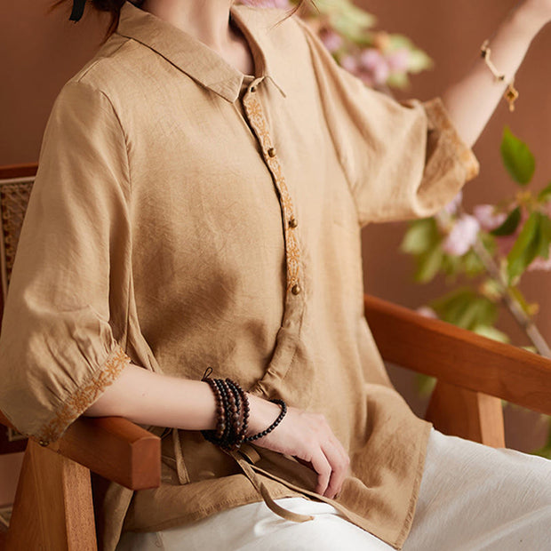 Buddha Stones Casual Women's Embroidered Pattern Stand Collar Design Half Sleeve Cotton Linen Shirt