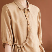 Buddha Stones Casual Women's Embroidered Pattern Stand Collar Design Half Sleeve Cotton Linen Shirt