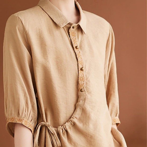 Buddha Stones Casual Women's Embroidered Pattern Stand Collar Design Half Sleeve Cotton Linen Shirt