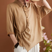 Buddha Stones Casual Women's Embroidered Pattern Stand Collar Design Half Sleeve Cotton Linen Shirt