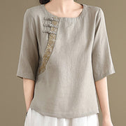 Buddha Stones Casual Women's Embroidered Flower Pattern Frog-Button Crew Neck Design Half Sleeve Cotton Linen Shirt