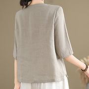 Buddha Stones Casual Women's Embroidered Flower Pattern Frog-Button Crew Neck Design Half Sleeve Cotton Linen Shirt