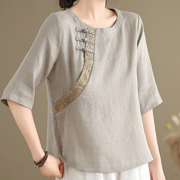 Buddha Stones Casual Women's Embroidered Flower Pattern Frog-Button Crew Neck Design Half Sleeve Cotton Linen Shirt