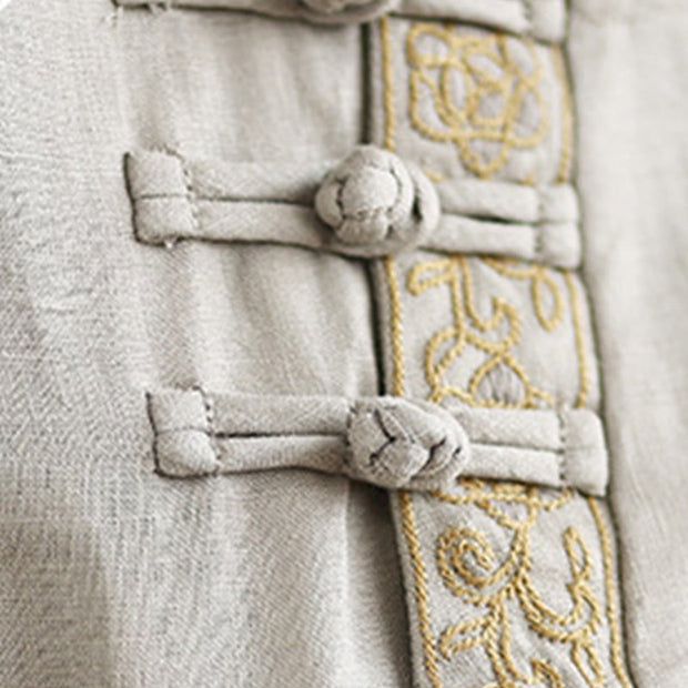 Buddha Stones Casual Women's Embroidered Flower Pattern Frog-Button Crew Neck Design Half Sleeve Cotton Linen Shirt