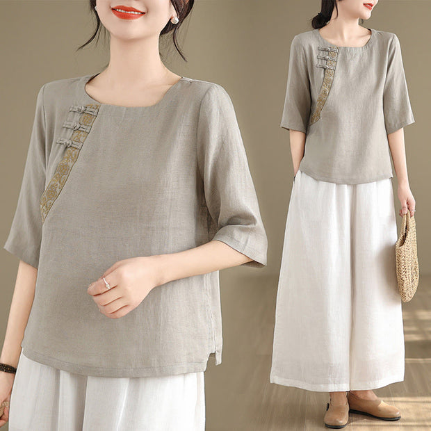 Buddha Stones Casual Women's Embroidered Flower Pattern Frog-Button Crew Neck Design Half Sleeve Cotton Linen Shirt