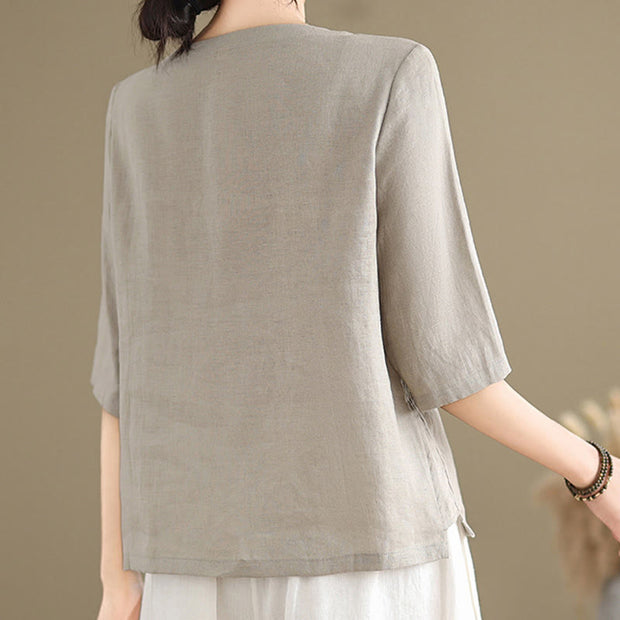 Buddha Stones Casual Women's Embroidered Flower Pattern Frog-Button Crew Neck Design Half Sleeve Cotton Linen Shirt