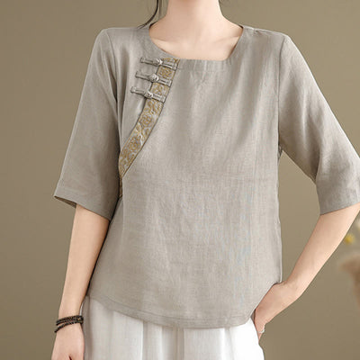 Buddha Stones Casual Women's Embroidered Flower Pattern Frog-Button Crew Neck Design Half Sleeve Cotton Linen Shirt