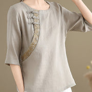 Buddha Stones Casual Women's Embroidered Flower Pattern Frog-Button Crew Neck Design Half Sleeve Cotton Linen Shirt