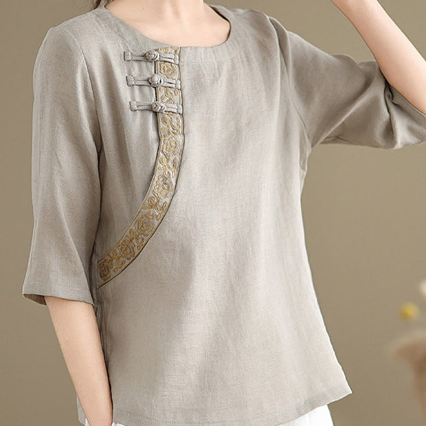 Buddha Stones Casual Women's Embroidered Flower Pattern Frog-Button Crew Neck Design Half Sleeve Cotton Linen Shirt