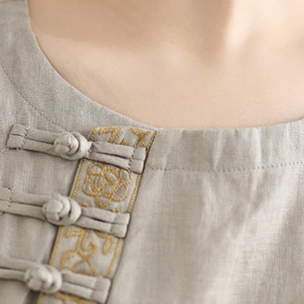 Buddha Stones Casual Women's Embroidered Flower Pattern Frog-Button Crew Neck Design Half Sleeve Cotton Linen Shirt