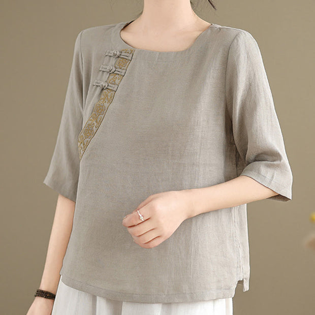 Buddha Stones Casual Women's Embroidered Flower Pattern Frog-Button Crew Neck Design Half Sleeve Cotton Linen Shirt