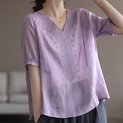 Buddha Stones Summer Casual Embroidered Pattern Women's V-Neck Design Half Sleeve Cotton Linen T-shirt