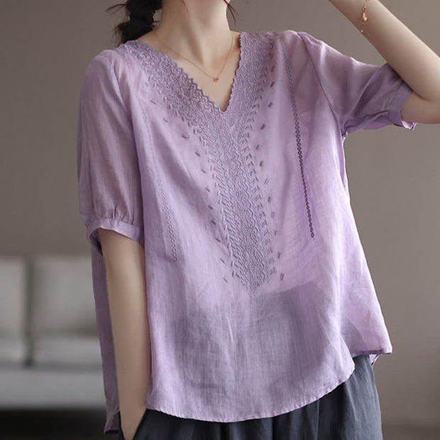 Buddha Stones Summer Casual Embroidered Pattern Women's V-Neck Design Half Sleeve Cotton Linen T-shirt