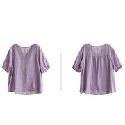 Buddha Stones Summer Casual Embroidered Pattern Women's V-Neck Design Half Sleeve Cotton Linen T-shirt