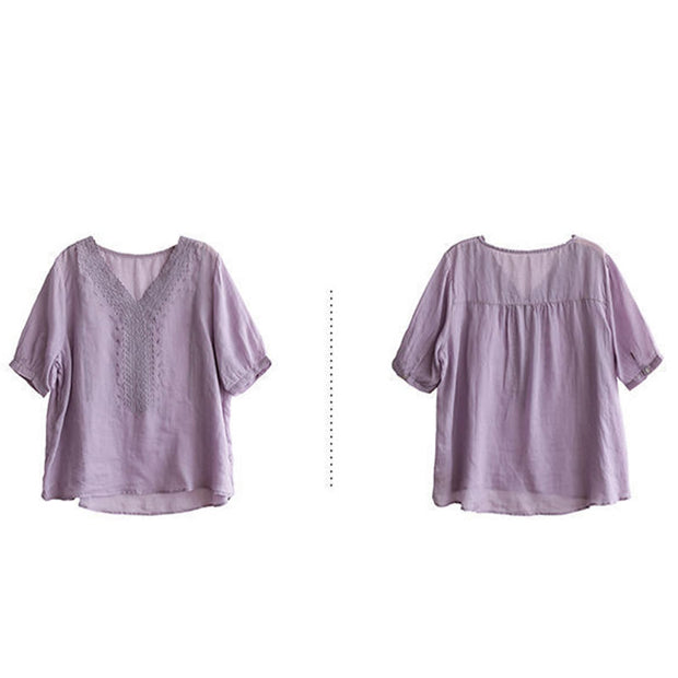 Buddha Stones Summer Casual Embroidered Pattern Women's V-Neck Design Half Sleeve Cotton Linen T-shirt