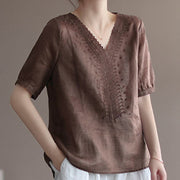 Buddha Stones Summer Casual Embroidered Pattern Women's V-Neck Design Half Sleeve Cotton Linen T-shirt