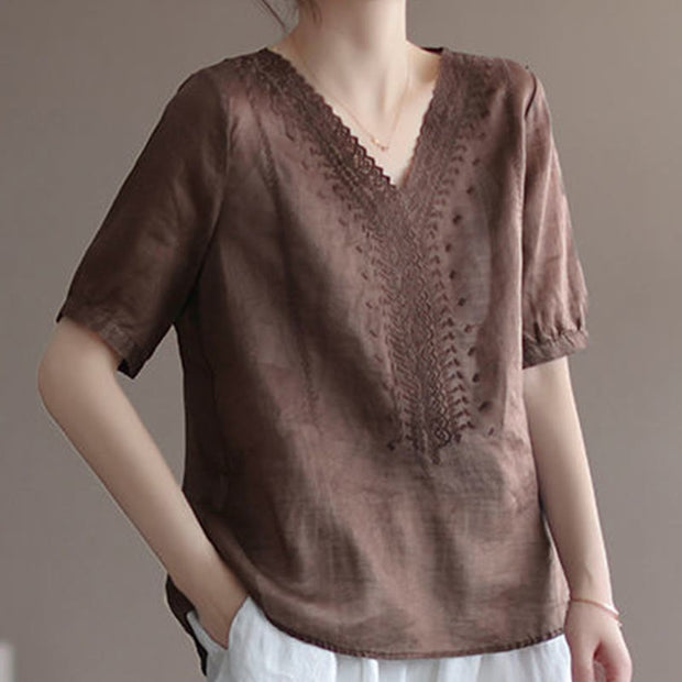 Buddha Stones Summer Casual Embroidered Pattern Women's V-Neck Design Half Sleeve Cotton Linen T-shirt