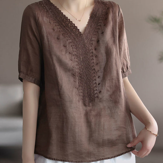 Buddha Stones Summer Casual Embroidered Pattern Women's V-Neck Design Half Sleeve Cotton Linen T-shirt